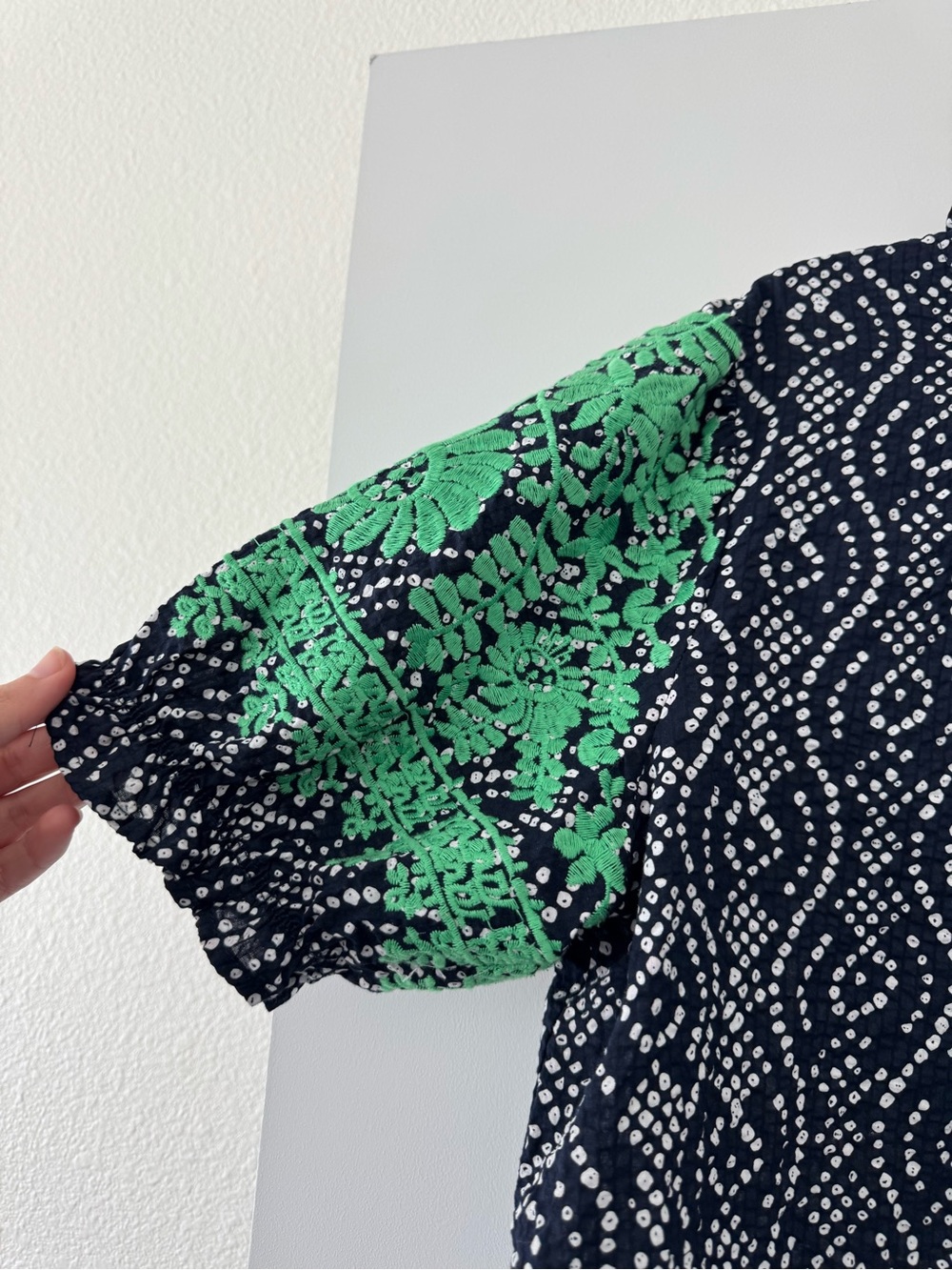 THML Navy Dot Pattern Blouse with Green Embroidered Sleeves - Picture 2 of 5